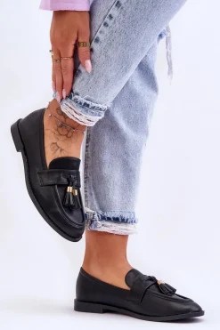 Damskie Boto Klasyczne Skórzane Mokasyny Z Frędzlami Czarne Camis