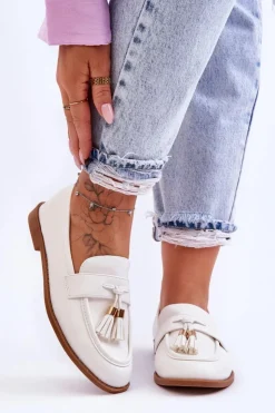 Outlet Boto Klasyczne Skórzane Mokasyny Z Frędzlami Białe Camis