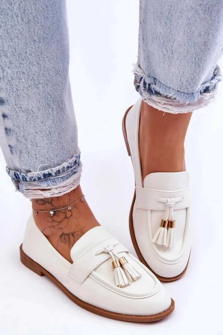 Outlet Boto Klasyczne Skórzane Mokasyny Z Frędzlami Białe Camis