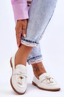 Outlet Boto Klasyczne Skórzane Mokasyny Z Frędzlami Białe Camis