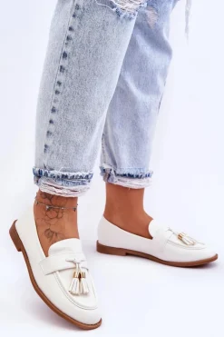 Outlet Boto Klasyczne Skórzane Mokasyny Z Frędzlami Białe Camis