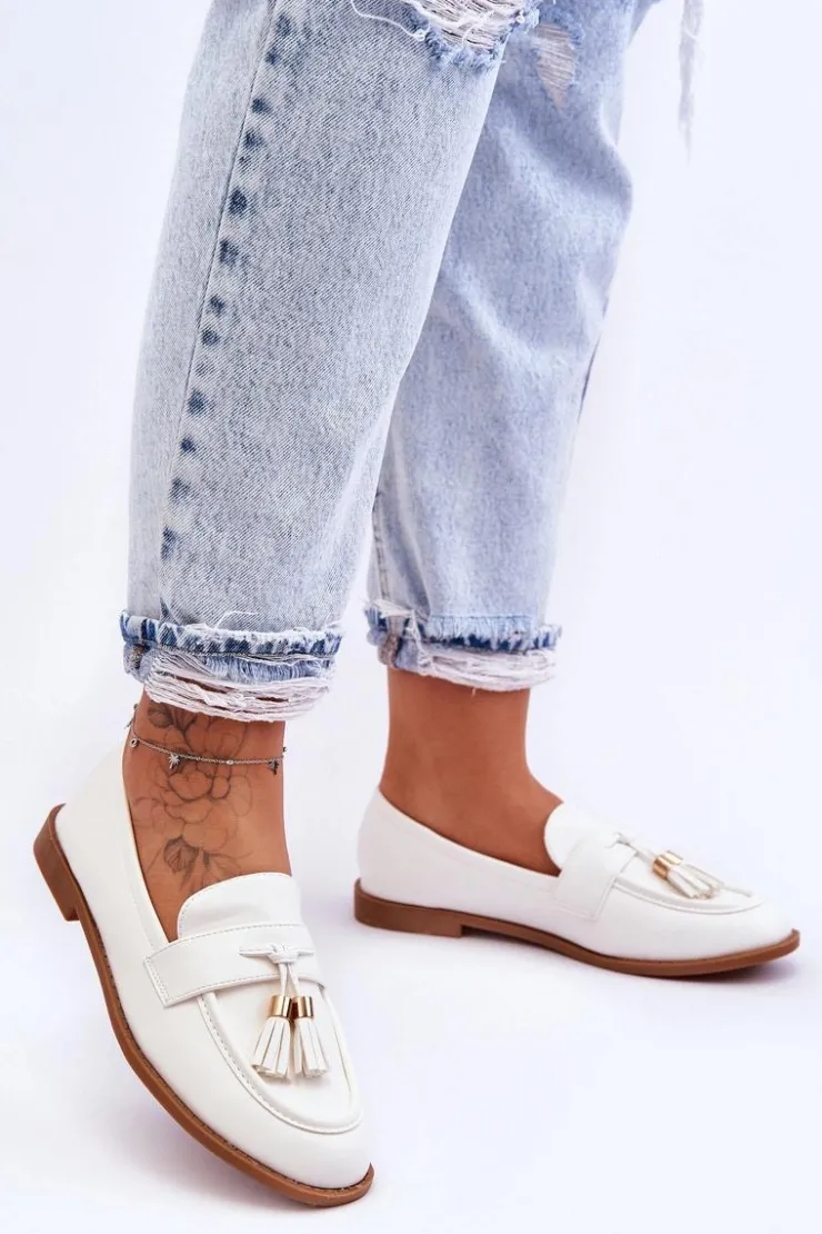 Outlet Boto Klasyczne Skórzane Mokasyny Z Frędzlami Białe Camis