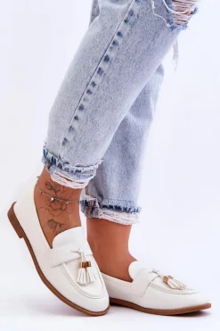 Outlet Boto Klasyczne Skórzane Mokasyny Z Frędzlami Białe Camis