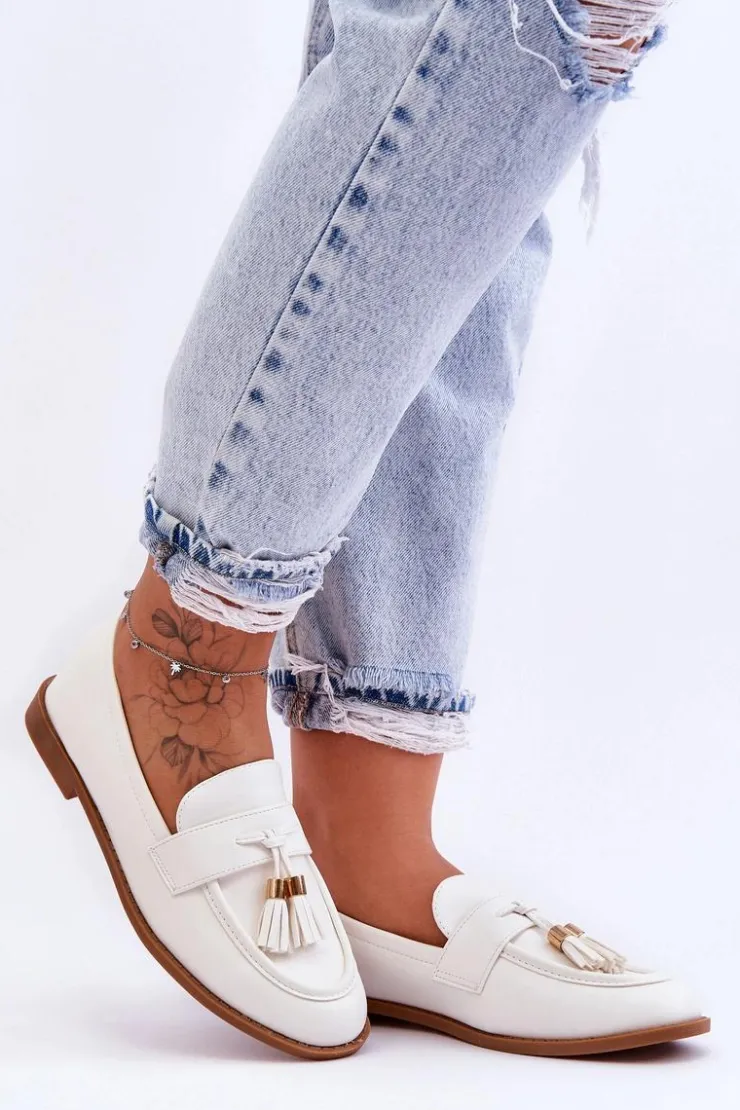 Outlet Boto Klasyczne Skórzane Mokasyny Z Frędzlami Białe Camis