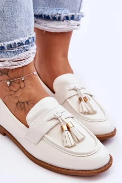 Outlet Boto Klasyczne Skórzane Mokasyny Z Frędzlami Białe Camis