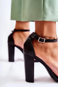 Damskie Boto Klasyczne Skórzane Sandałki Na Słupku Czarne Sallen