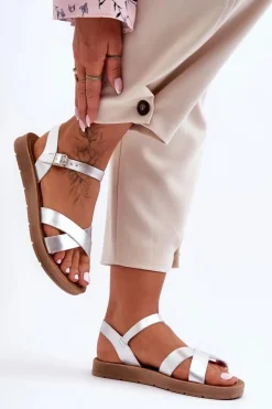 Boto Sandały Płaskie*Klasyczne Skórzane Sandały Damskie Srebrne Talisma