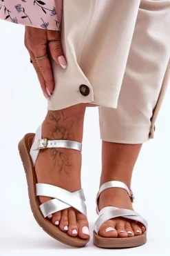 Boto Sandały Płaskie*Klasyczne Skórzane Sandały Damskie Srebrne Talisma