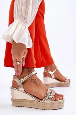 Boto Sandały Na Koturnie*Klasyczne Skórzane Sandały Na Koturnie Złote Denisse