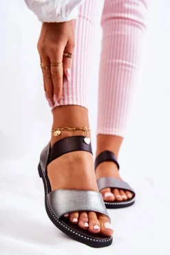 Hot Damskie buty S.Barski Klasyczne Skórzane Sandały Z Ćwiekami Ciemnosrebrne Shelly