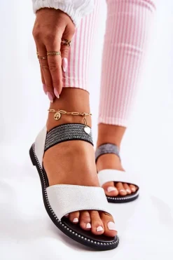 Damskie buty S.Barski Dziewczęce|Sandały Płaskie*Klasyczne Skórzane Sandały Z Ćwiekami Srebrne Shelly Srebrny