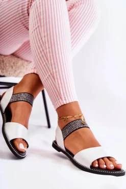 Damskie buty S.Barski Dziewczęce|Sandały Płaskie*Klasyczne Skórzane Sandały Z Ćwiekami Srebrne Shelly Srebrny