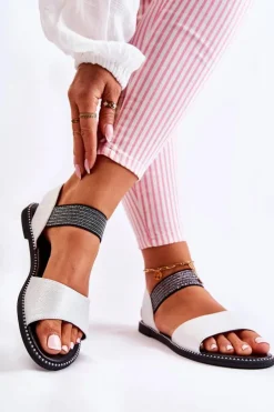 Damskie buty S.Barski Dziewczęce|Sandały Płaskie*Klasyczne Skórzane Sandały Z Ćwiekami Srebrne Shelly Srebrny