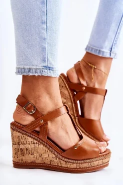 Clearance Boto Klasyczne Skórzane Sandały Na Koturnie Brązowe Valorin