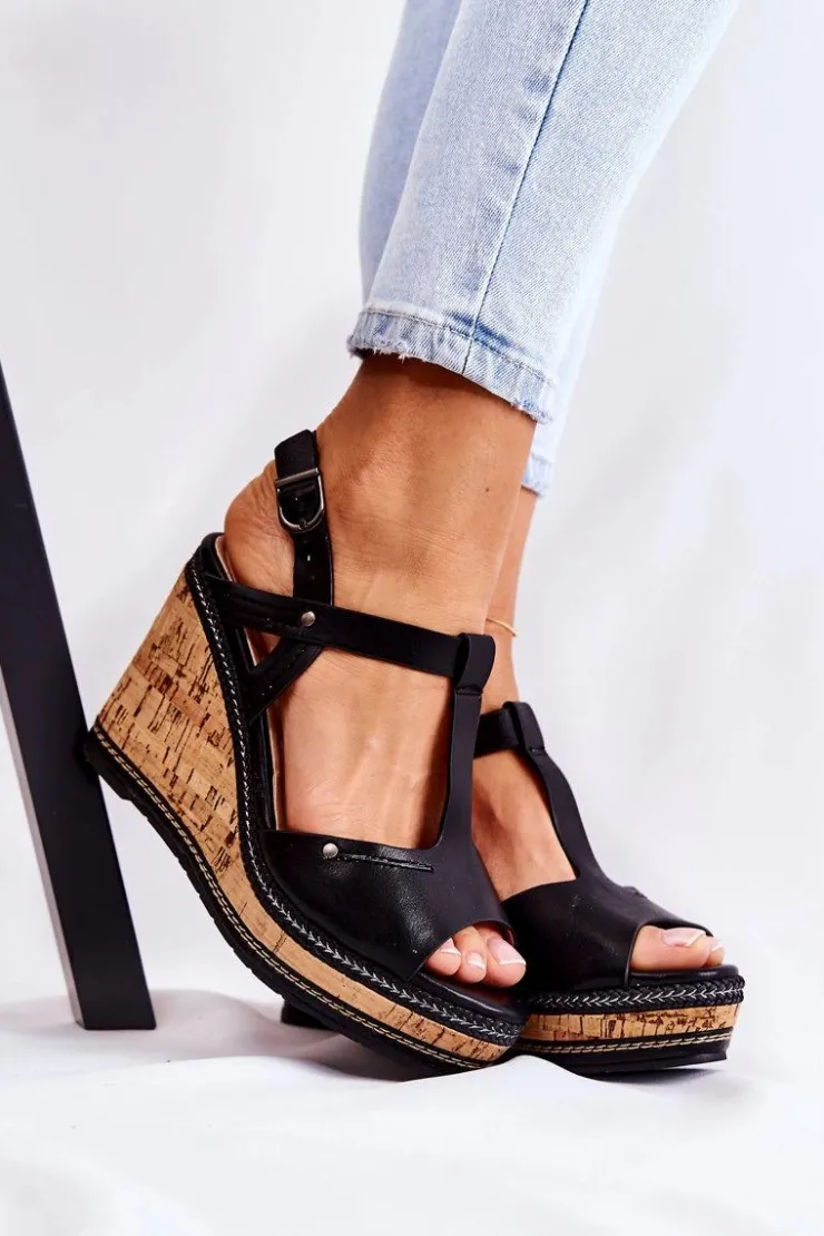 Boto Sandały Na Koturnie*Klasyczne Skórzane Sandały Na Koturnie Czarne Valorin