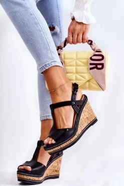 Boto Sandały Na Koturnie*Klasyczne Skórzane Sandały Na Koturnie Czarne Valorin