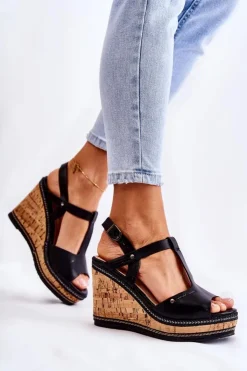 Boto Sandały Na Koturnie*Klasyczne Skórzane Sandały Na Koturnie Czarne Valorin