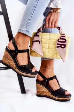 Boto Sandały Na Koturnie*Klasyczne Skórzane Sandały Na Koturnie Czarne Valorin