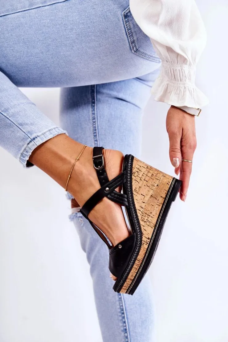 Boto Sandały Na Koturnie*Klasyczne Skórzane Sandały Na Koturnie Czarne Valorin