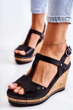 Boto Sandały Na Koturnie*Klasyczne Skórzane Sandały Na Koturnie Czarne Valorin