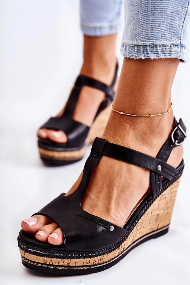 Boto Sandały Na Koturnie*Klasyczne Skórzane Sandały Na Koturnie Czarne Valorin