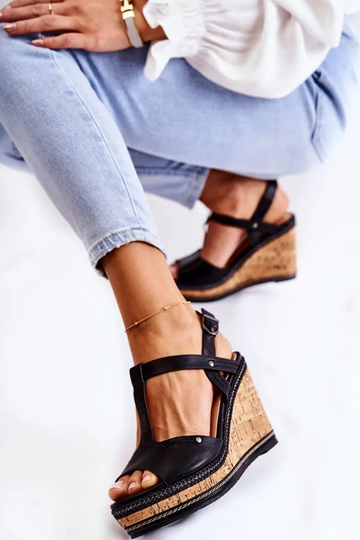 Boto Sandały Na Koturnie*Klasyczne Skórzane Sandały Na Koturnie Czarne Valorin