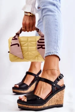 Boto Sandały Na Koturnie*Klasyczne Skórzane Sandały Na Koturnie Czarne Valorin