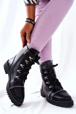 Boto Czarne Botki|Botki Płaskie*Klasyczne Skórzane Wiązane Botki Czarne Daiane