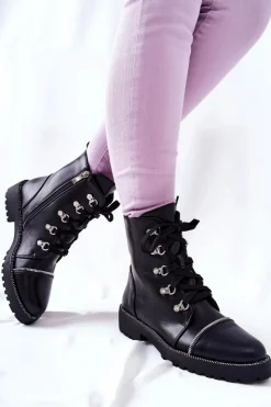 Boto Czarne Botki|Botki Płaskie*Klasyczne Skórzane Wiązane Botki Czarne Daiane