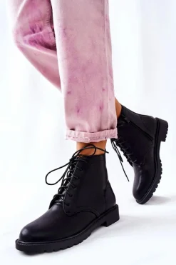 Boto Czarne Botki|Botki Zimowe Damskie*Klasyczne Skórzane Wiązane Botki Czarne Melome