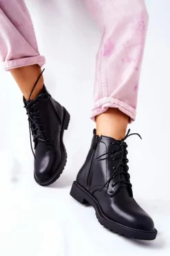 Boto Czarne Botki|Botki Zimowe Damskie*Klasyczne Skórzane Wiązane Botki Czarne Melome