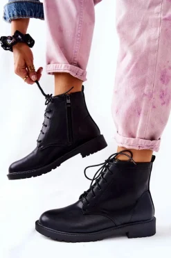 Boto Czarne Botki|Botki Zimowe Damskie*Klasyczne Skórzane Wiązane Botki Czarne Melome