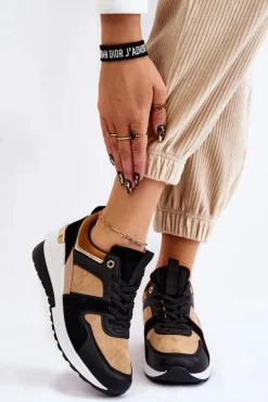 Boto Sneakersy Damskie*Klasyczne Sneakersy Na Koturnie Beżowo-Czarne Collide