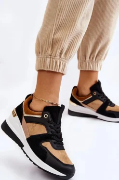 Boto Sneakersy Damskie*Klasyczne Sneakersy Na Koturnie Beżowo-Czarne Collide