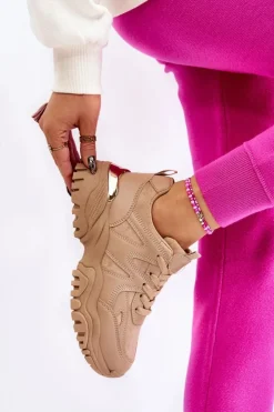 Boto Sneakersy Damskie*Klasyczne Sportowe Buty Na Platformie Ciemnobeżowe Bowie