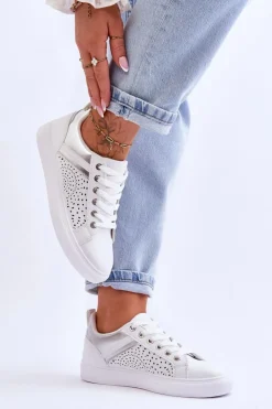 Boto Sneakersy Damskie*Klasyczne Sportowe Buty Z Ażurowym Wzorem Biało-Srebrne Happier