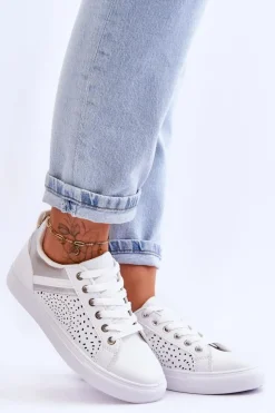 Boto Sneakersy Damskie*Klasyczne Sportowe Buty Z Ażurowym Wzorem Biało-Srebrne Happier