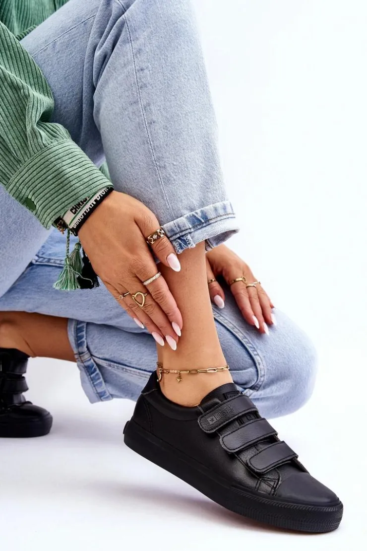 Big Star Shoes Trampki Damskie Big Star|Trampki Damskie Niskie*Klasyczne Tenisówki Na Rzepy Big Star LL274A206 Czarne