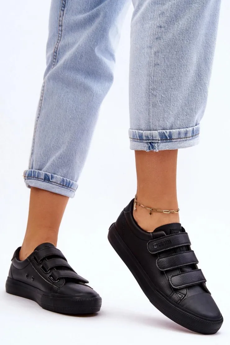 Big Star Shoes Trampki Damskie Big Star|Trampki Damskie Niskie*Klasyczne Tenisówki Na Rzepy Big Star LL274A206 Czarne