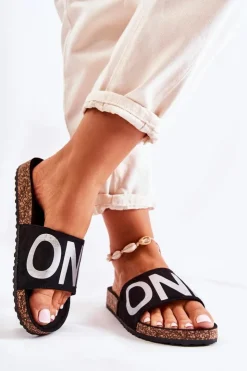 Damskie Evento Klasyczne Wsuwane Klapki Z Napisem Czarno-Srebrne Bahari