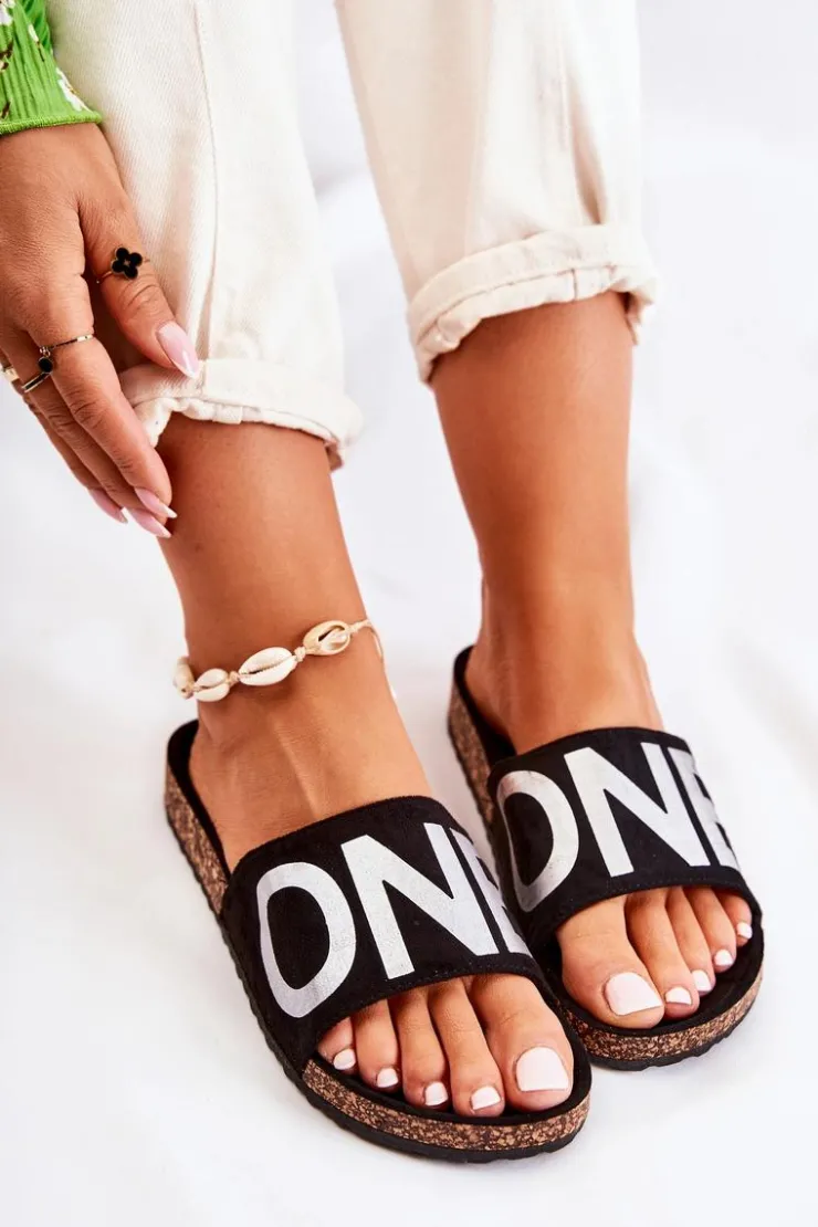 Damskie Evento Klasyczne Wsuwane Klapki Z Napisem Czarno-Srebrne Bahari