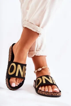 Clearance Evento Klasyczne Wsuwane Klapki Z Napisem Czarno-Złote Bahari