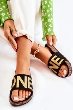 Clearance Evento Klasyczne Wsuwane Klapki Z Napisem Czarno-Złote Bahari