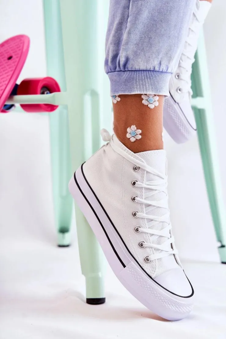 Boto Trampki Damskie Wysokie*Klasyczne Wysokie Trampki Wiązane Białe Volterro