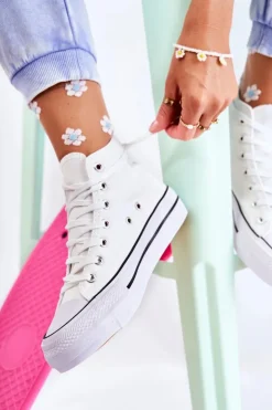 Boto Trampki Damskie Wysokie*Klasyczne Wysokie Trampki Wiązane Białe Volterro