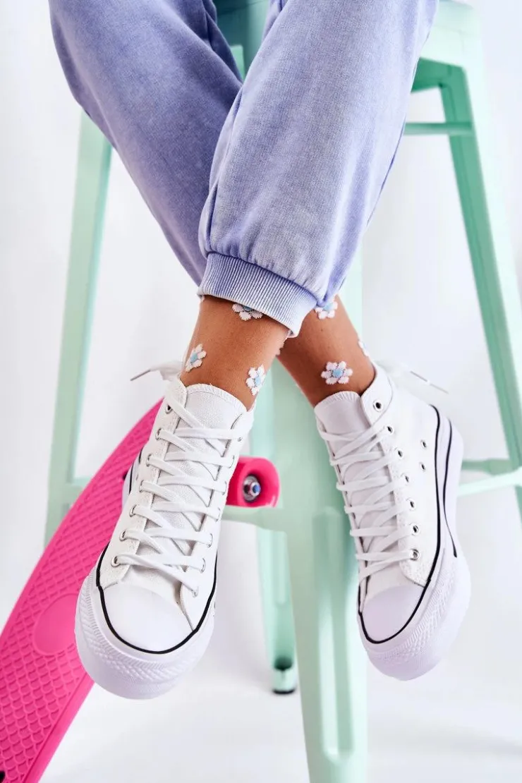 Boto Trampki Damskie Wysokie*Klasyczne Wysokie Trampki Wiązane Białe Volterro