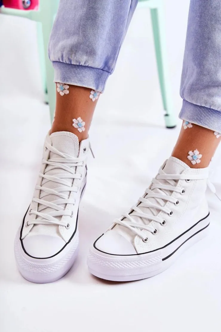 Boto Trampki Damskie Wysokie*Klasyczne Wysokie Trampki Wiązane Białe Volterro