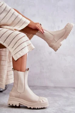 Damskie Boto Klasyczne Wysokie Workery Botki Beżowe Bassti