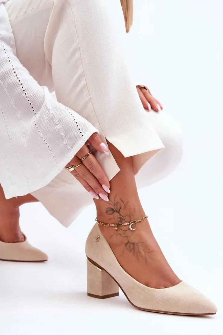 Boto Czółenka Zamszowe|Czółenka Na Słupku*Klasyczne Zamszowe Czółenka Na Obcasie Z Ozdobą Jasnobeżowe Derren