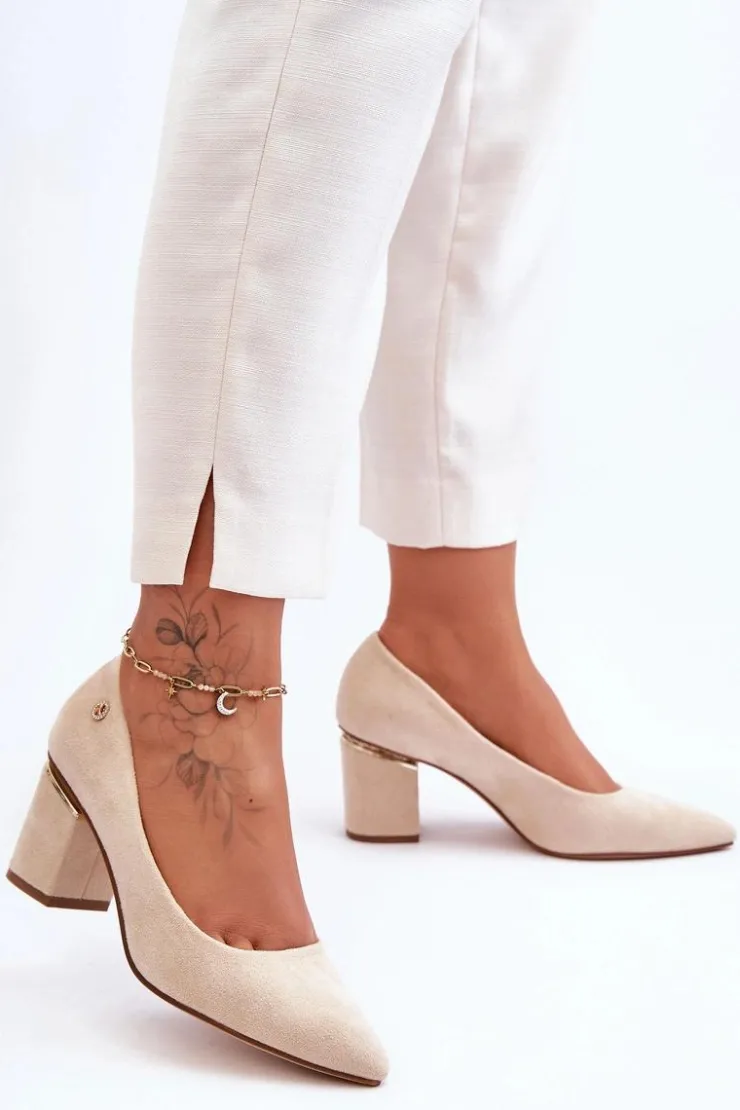 Boto Czółenka Zamszowe|Czółenka Na Słupku*Klasyczne Zamszowe Czółenka Na Obcasie Z Ozdobą Jasnobeżowe Derren